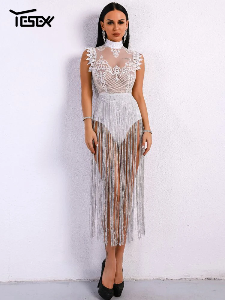 Yesexy Sexy Women Tassel Playsuits Women Overalls High Neck Sleeveless Lace See Through Glitter Tassel Bodysuit