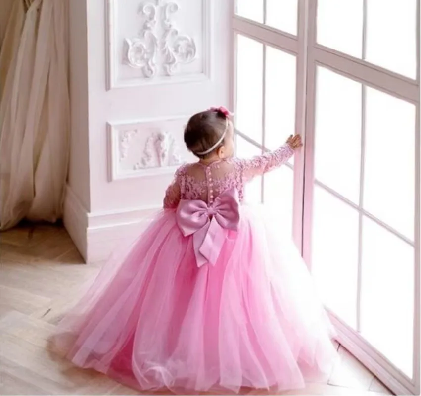 Robe de premier anniversaire rose pour bébé fille, avec grand nœud, en dentelle et tulle, manches longues, robe de baptême Lolita, nouvelle collection