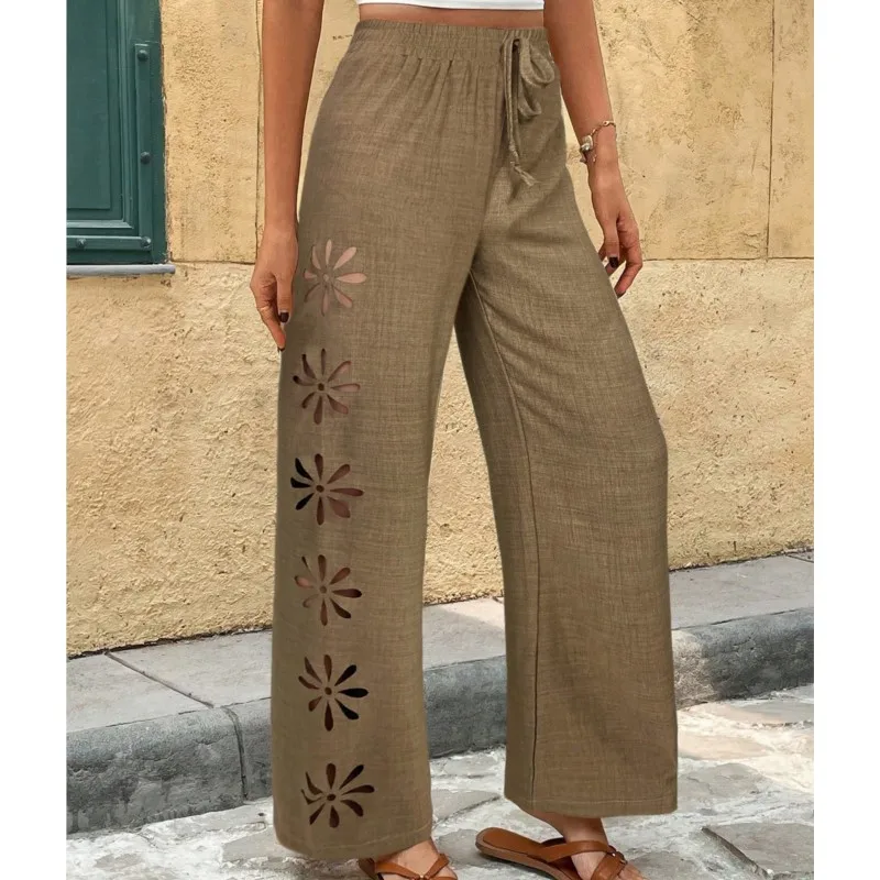Bohemian Style Women's Wide-leg Pants Spring Summer Casual With Cutout Embroidery On The Side Elastic Waist  Draping Women Pants