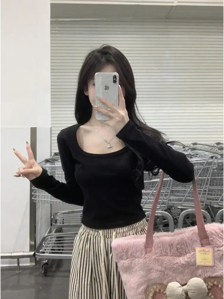 

Autumn Winter Women Black Beige Elegant Long Sleeves Pullover T Shirt Korean Ladies White Versatile Festival Short Cotton Tops
