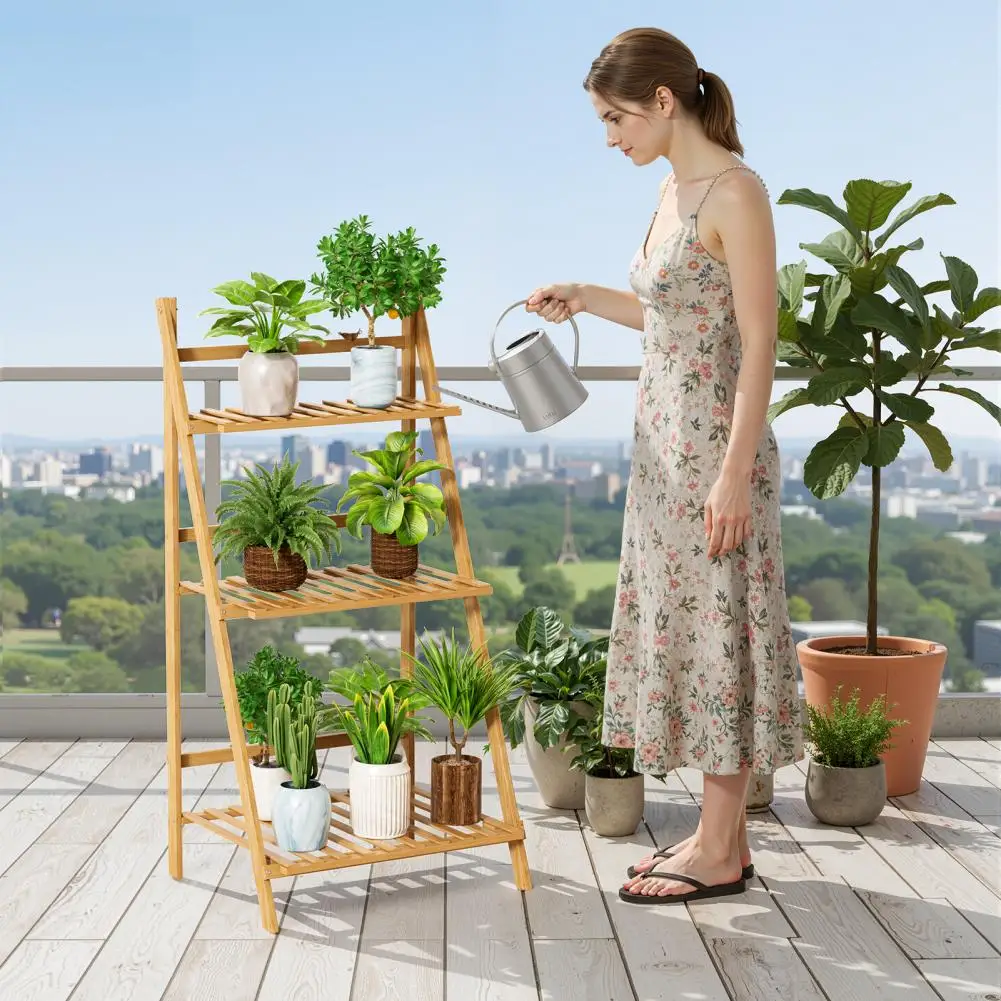3-Tier Bamboo Ladder Plant Shelf  Easy Assembly Sturdy & Space-Saving Foldable Display Rack for Balcony Decor Plant Organizer