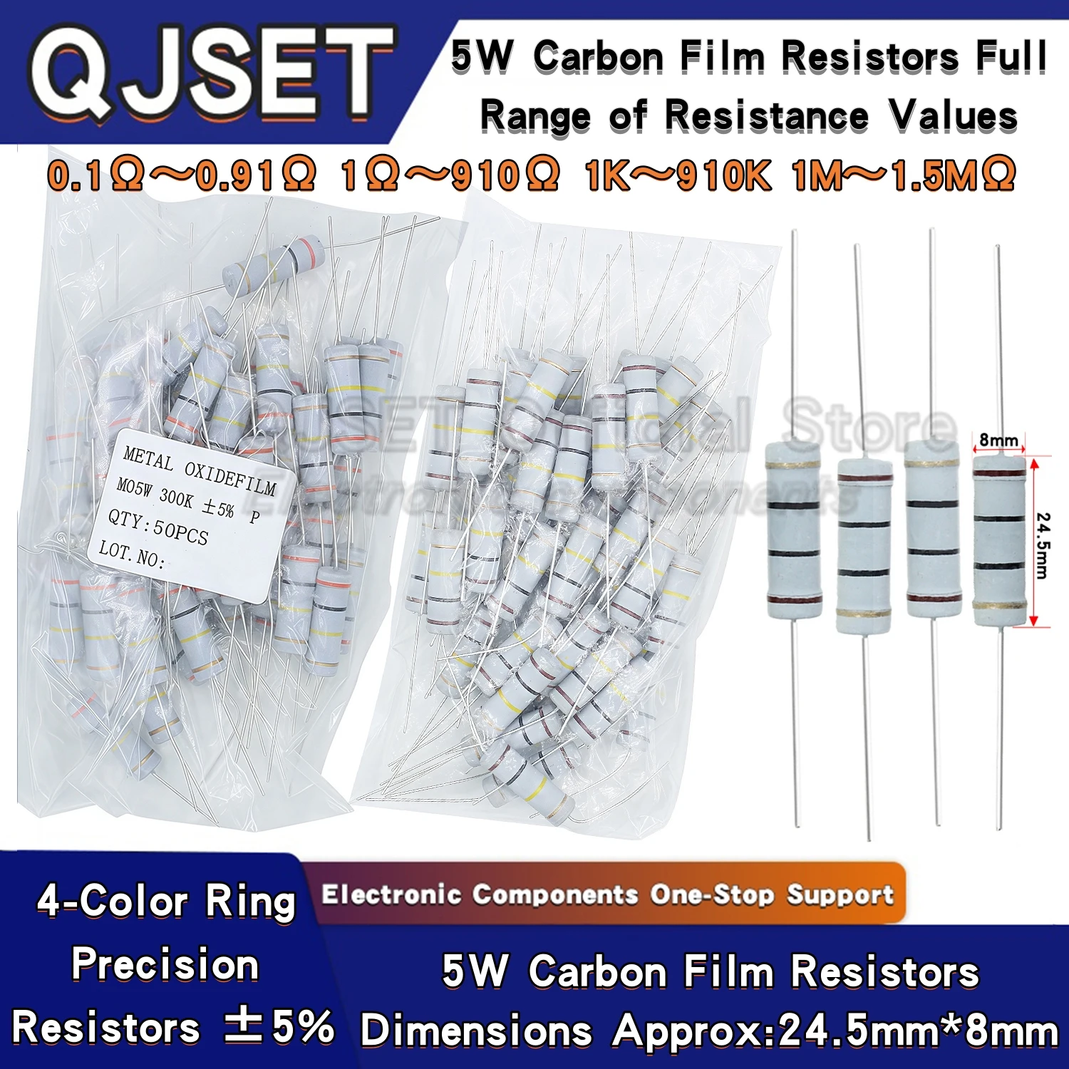 50 peças 5w filme de carbono 4 cores resistores de anel 5% 5w 10r 20r 47 100 470 ohm 1k 4.7k 10k 47k 100k 200k 470k ohms resistores de filme de óxido