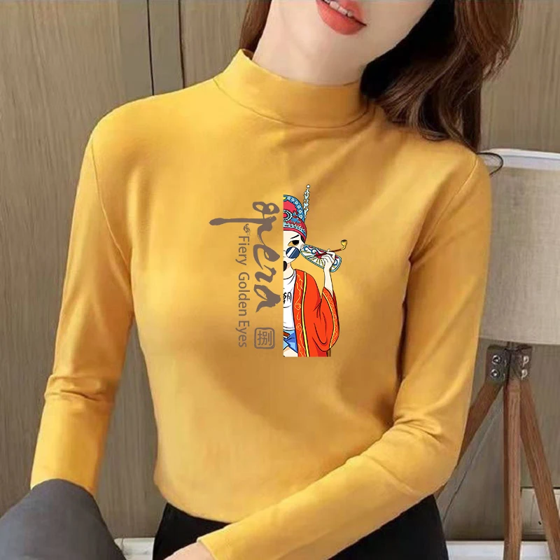 Winter Women's Thermal Brushed Fleece Half Mock Neck Long Sleeve T Shirt Chinese Opera Boy Graphic Warm Tee
