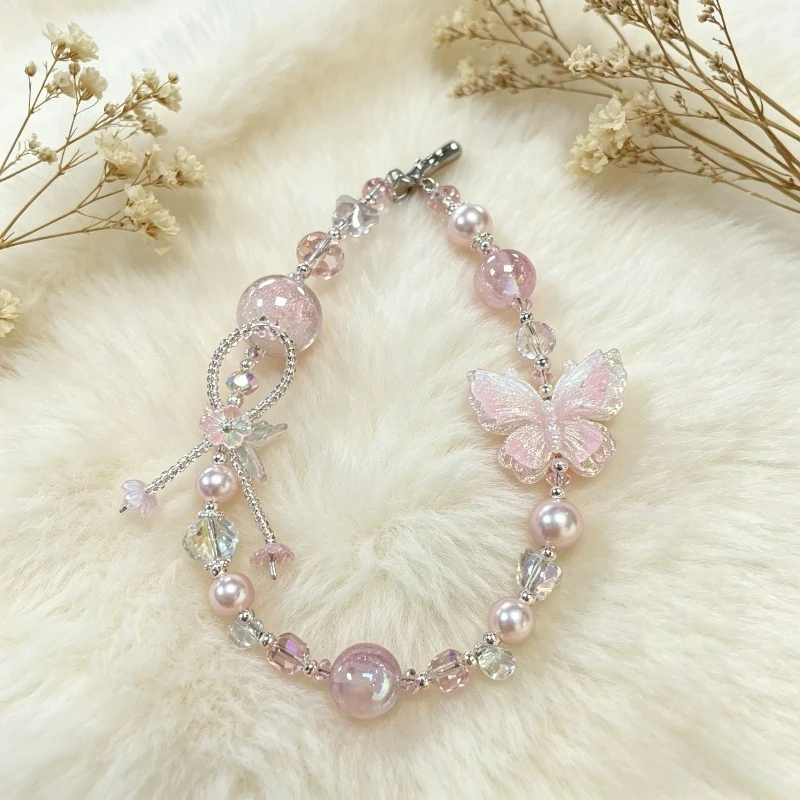

Flash Bead Peach Branch Pink Butterfly Mobile Phone Lanyard, Butterfly Pearl Fashion Beaded Bag Key Pendant