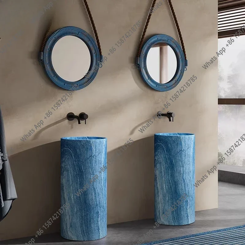 N64 Minimalist luxury stone wind column basin integrated floor blue art wash basin designer creative vertical wash basin