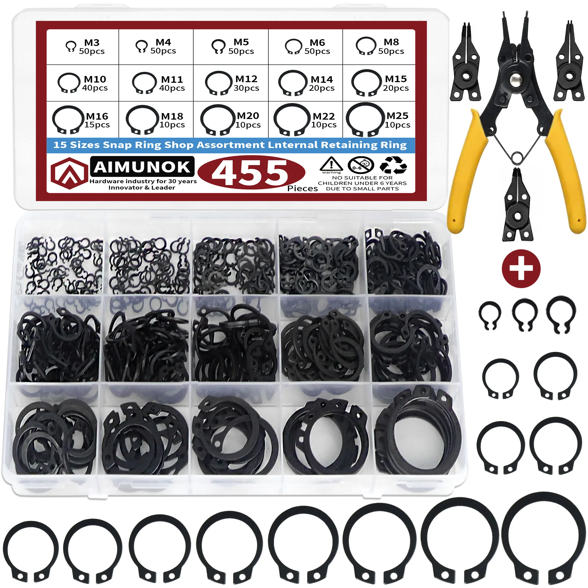 

456pcs M3 M4 M5 M6 M8 M10 M11 M12 M14 M15 M16 M18 M20 M22 M25 15 Sizes Snap Ring Assortment lnternal Retaining Ring Tools