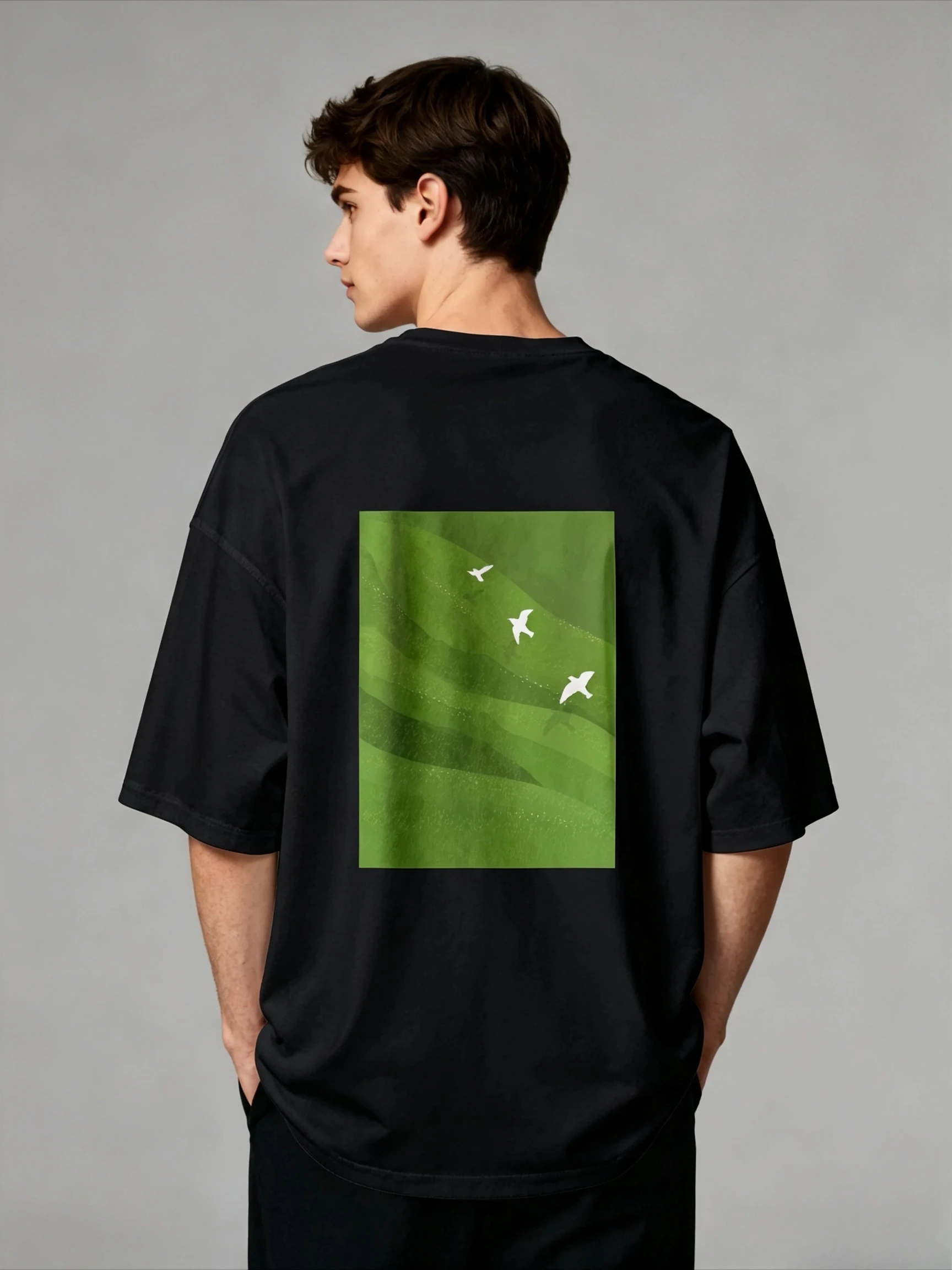 Summer Men's High-Quality T-Shirt - Fashion Trend Casual Comfort White Birds on Green Rectangle T-Shirt | Minimal Nature Graphic