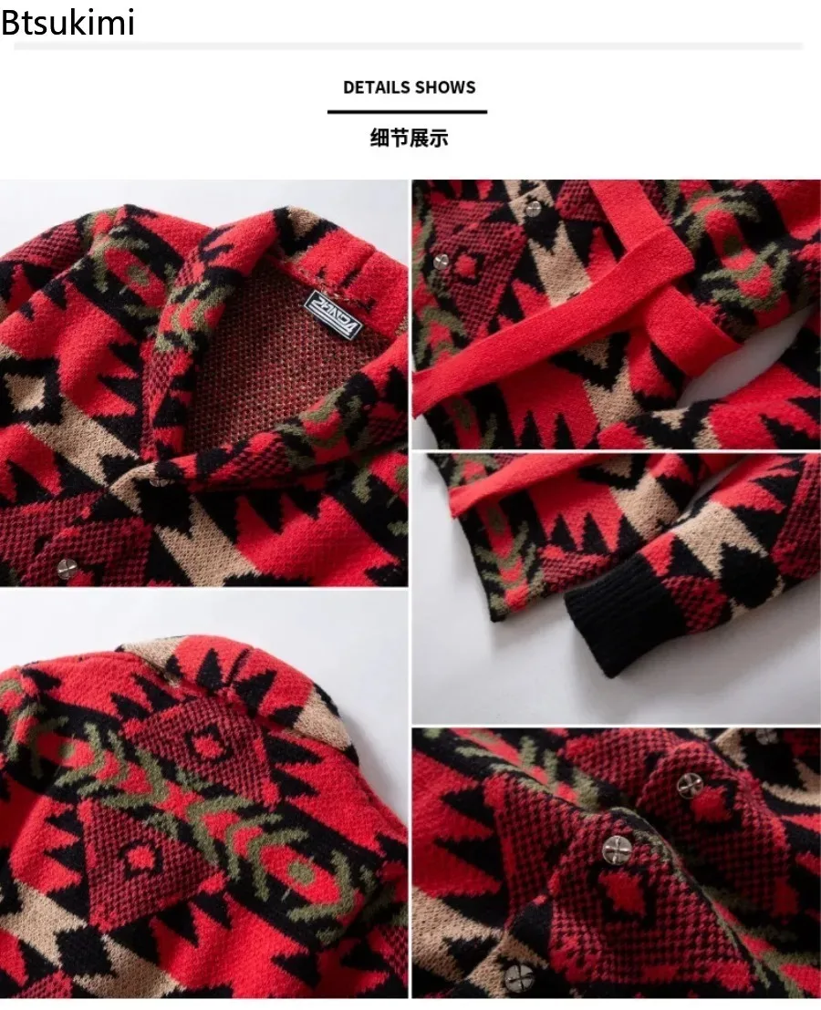 Nuevos suéteres informales de Jacquard a la moda para hombre, cárdigans de punto con botones y solapa con cinturón, Otoño Invierno, suéter Vintage, abrigos para hombre