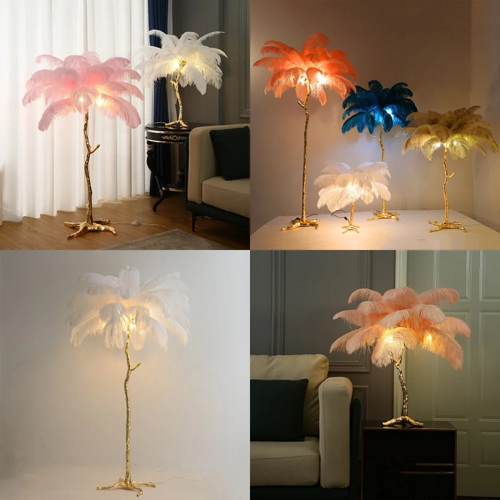 Ostrich Feather Floor Lamp for Bedroom Living Room Nordic Decor Princess Style Instagrammable Full Copper Table Lamp for