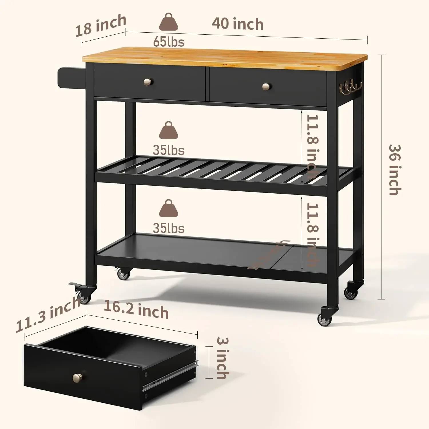 Carrinho utilitário rolante para Kitchen Island, Carrinho utilitário rolante, 2 camadas abertas, 40 em mesa de madeira