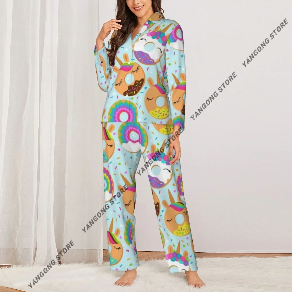 Spring and Autumn Pajama Set Women's Long Sleeve Pants Two Piece Unicorn Themed Donuts Home Furnishing Set