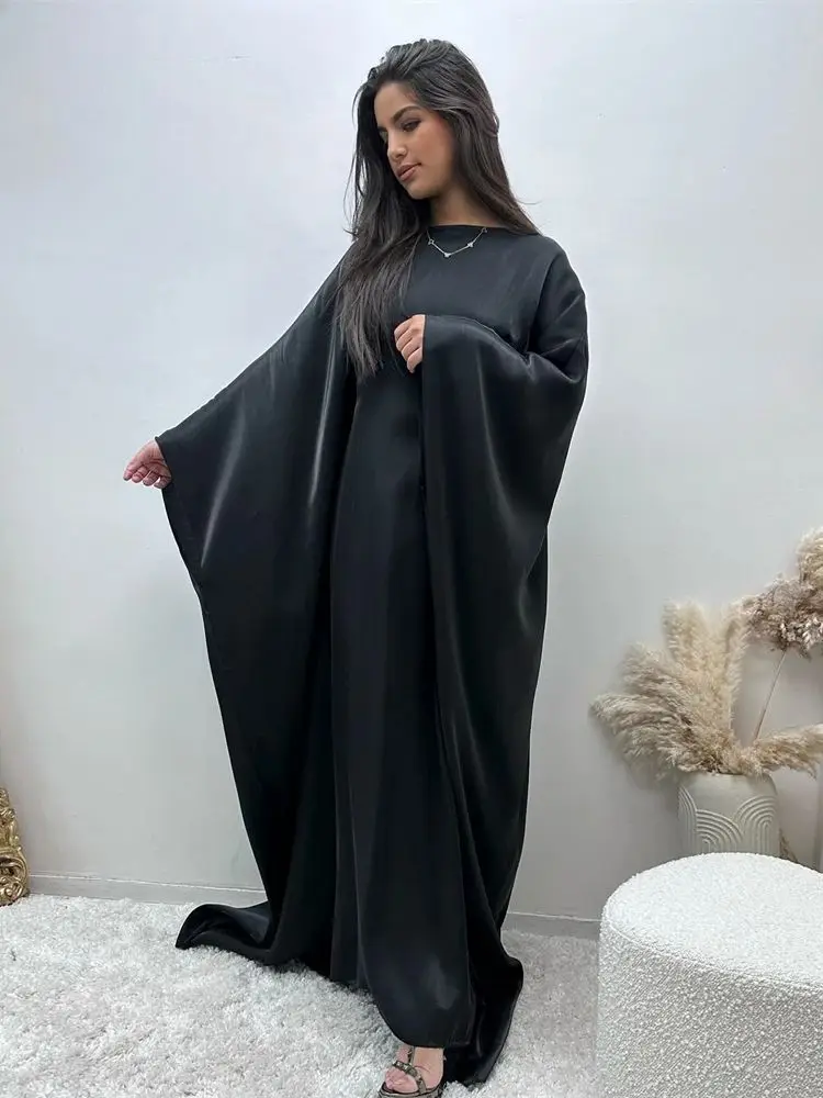 Ramazan yaz Batwing kollu saten kelebek Abaya Islam islami maksi elbise Kebaya kadın Kaftan Robe Musulmane Femme Vestidos