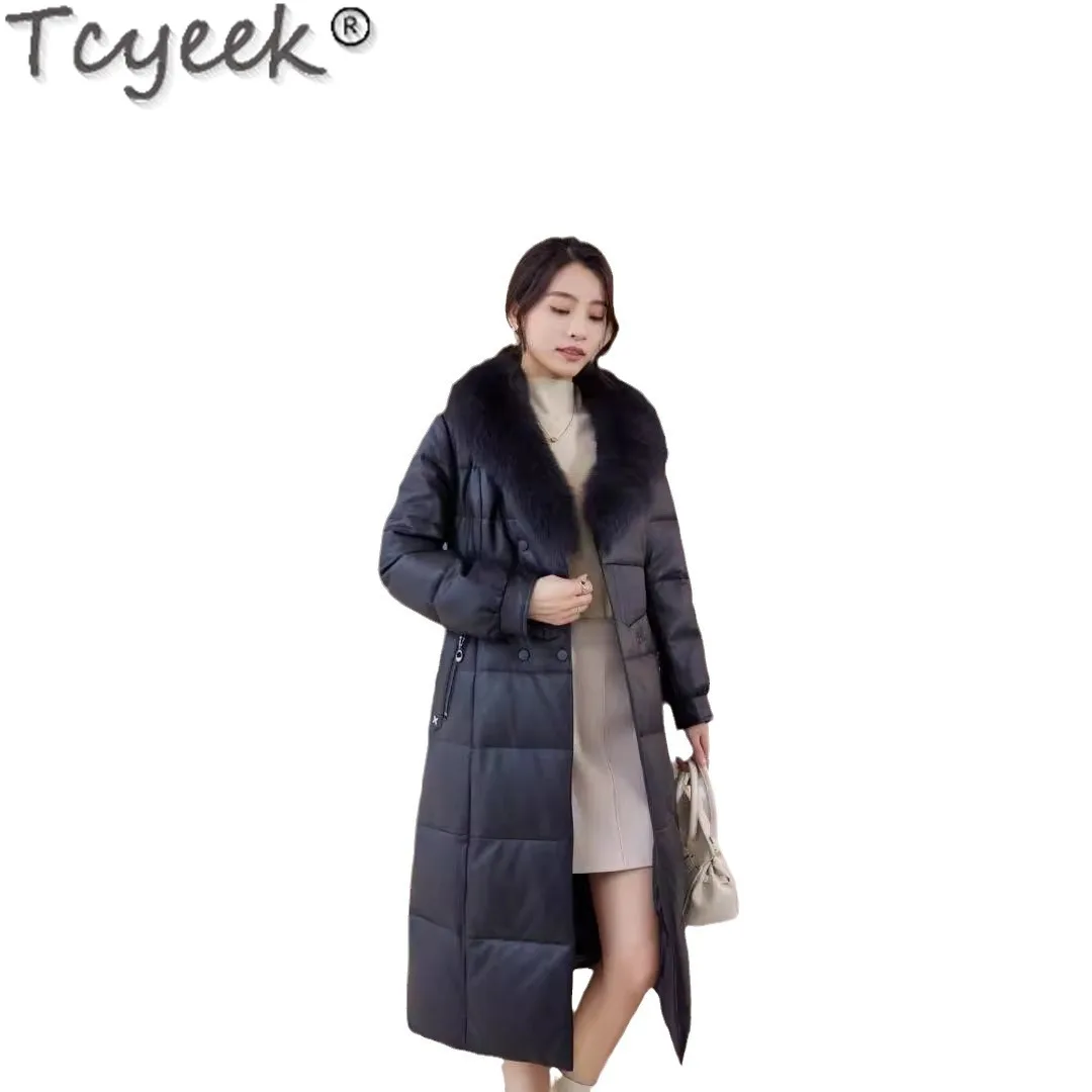 Tcyeek-abrigo de piel de oveja auténtica para mujer, Chaqueta larga de plumón con cuello de piel de zorro, ropa de invierno