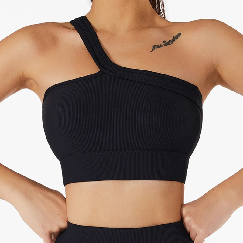 

Oblique Shoulder Women Bra Seamless Sports Underwear without Pad Slim Ribbed Crop Top Simple Elastic Fitness Vest Casual