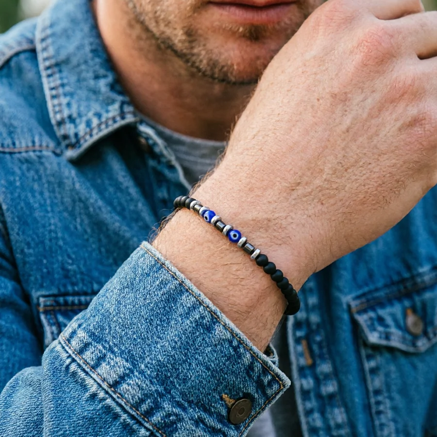 

Модный браслет с бусинами «Злой глаз» для мужчин, 4 мм, из черного камня, для исцеления и йоги, Homme Joias Pulseira