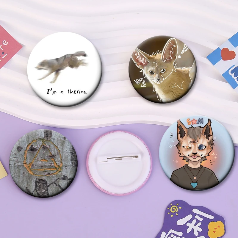 I Like Therian Heart Kawaii Brooches Theta Delta Therian Sign Fox Cat Cartoon Button Pins Round Display Badge Accessories Gifts