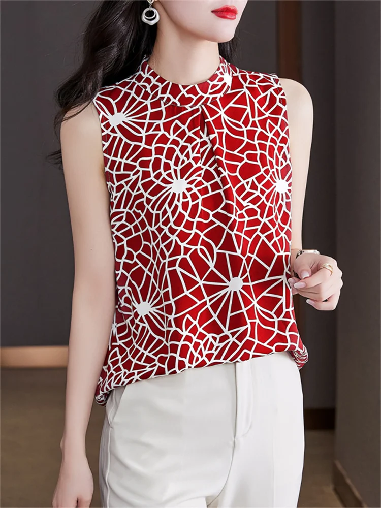 Fashion Women Blouse Elegant Chiffon Blouse Summer 2022 Sleeveless Red  Print  Tank Top Office Lady Formal Shirts