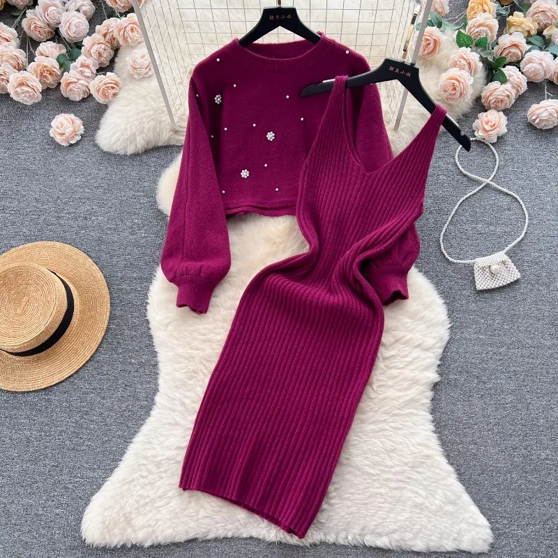 OCEANLOVE Beading Knitted 2 Piece Sets Women Outfit Solid Autumn Winter Elegant Sweater Dress Set Vintage Conjuntos Femininos