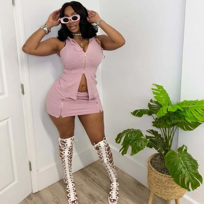 

Doyerl Striped Knitted Two Piece Set Women Birthday Outfits Club Party Double Zipper Hooded Top and Mini Skirt Matching Sets