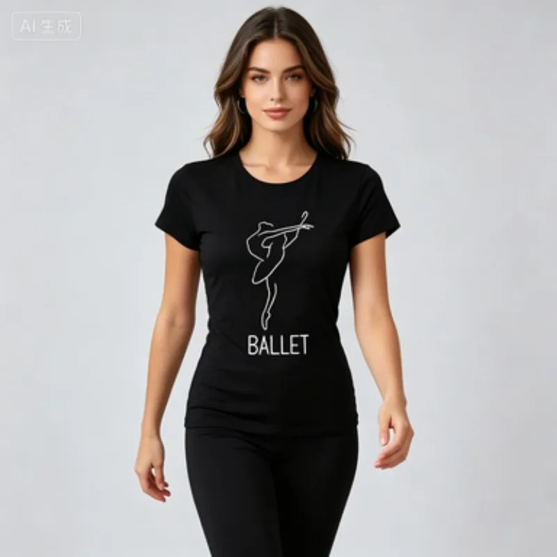 Women Soft Modal Crew Neck Tee Abstract One‑Line Ballerina BALLET Print Fashion Summer Casual Top