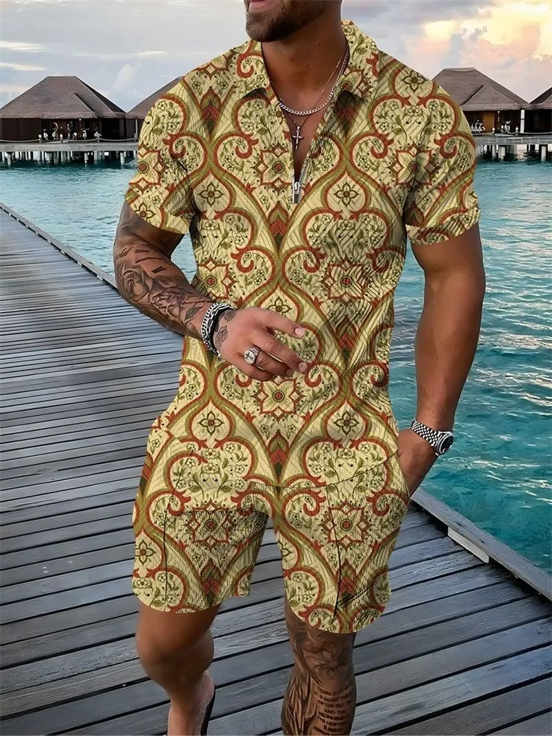 New Men's Tracksuit 2 Piece Set Print 3D Polo Shirt Summer Short Sleeve T Shirt And Short Casual Zipper Collar Man Clothing