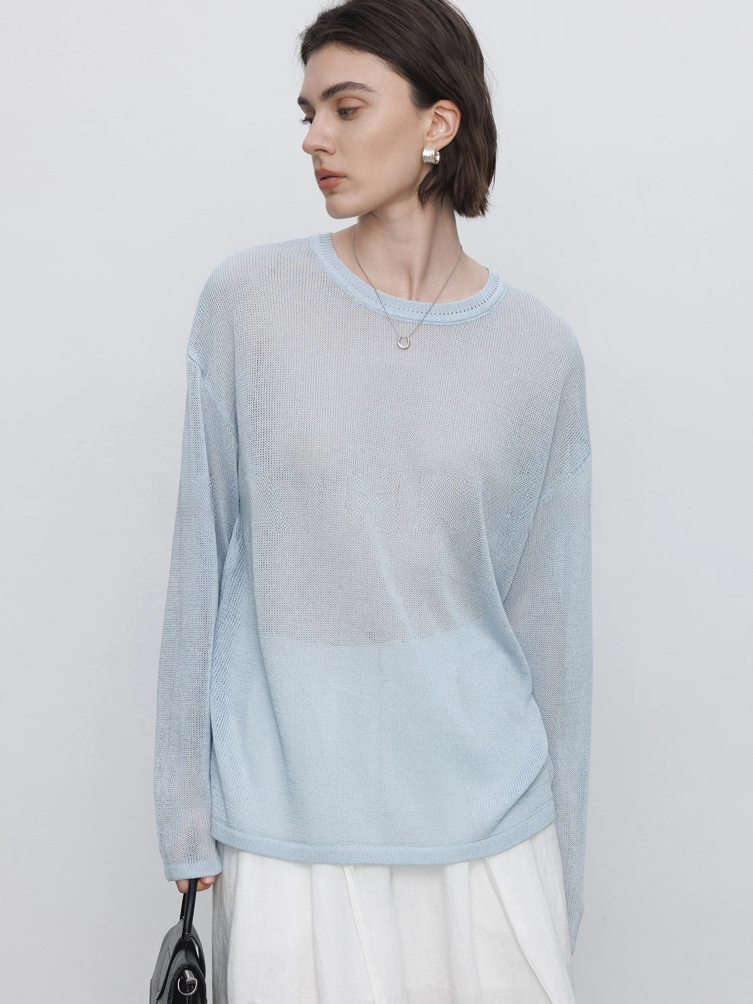 

Свободная вязаная футболка с длинным рукавом для женщин, весна-лето, прозрачная, повседневная, для защиты от солнца, с круглым вырезом, стандартный крой