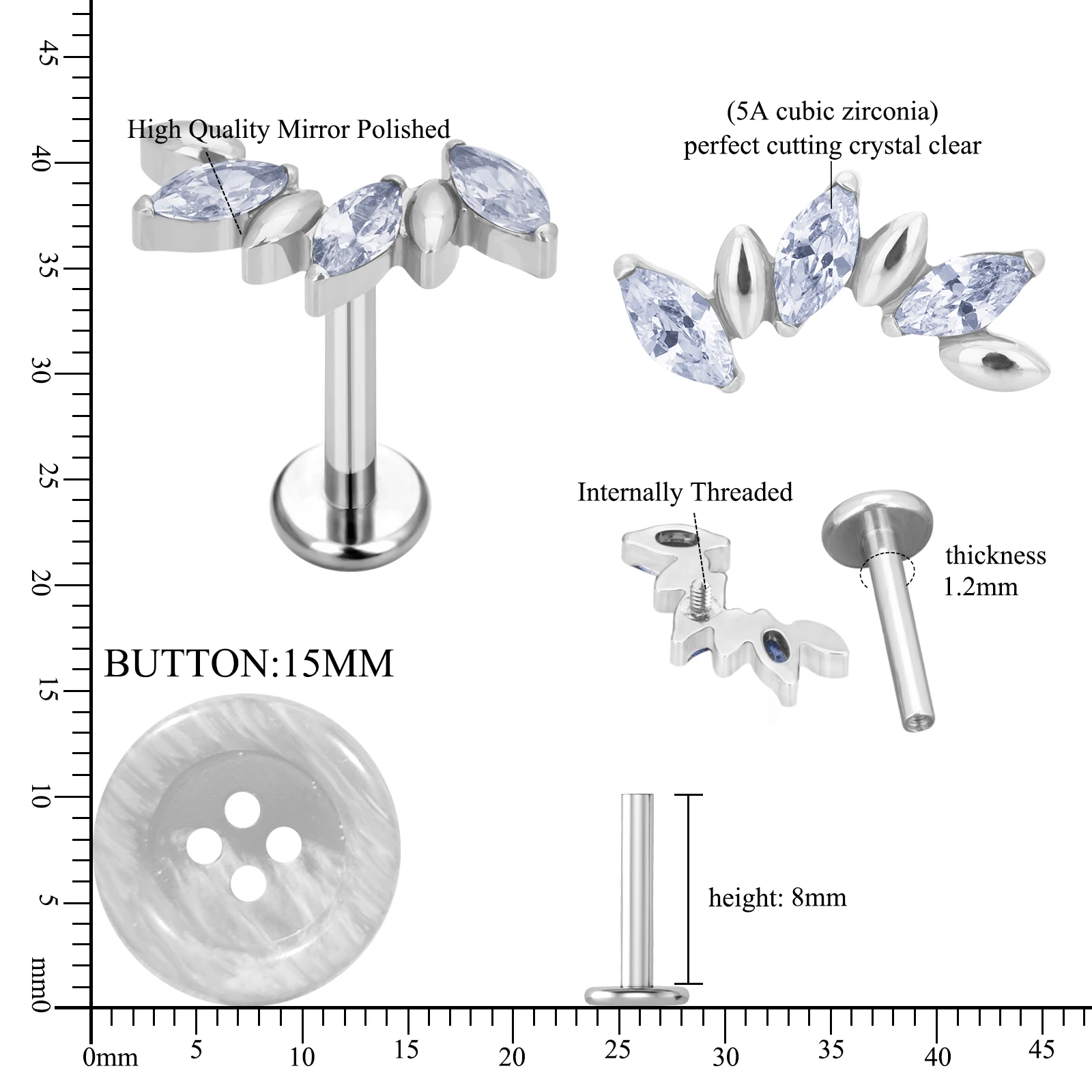 G23 Titanium Leaf Pattern Nose Studs Color Marquise CZ Paved Labret Lip Stud Ear Tragus Cartilage Conch Daith Piercing Jewelry