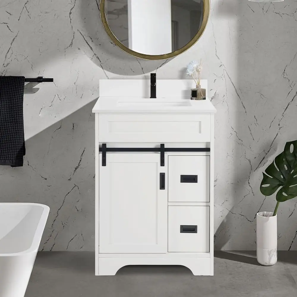 

Bathroom Vanity Set with Sink 24 Inch, Storage Cabinet with 2 Drawers and Sliding Barn Door, Freestanding Bathroom Sink Vanity,