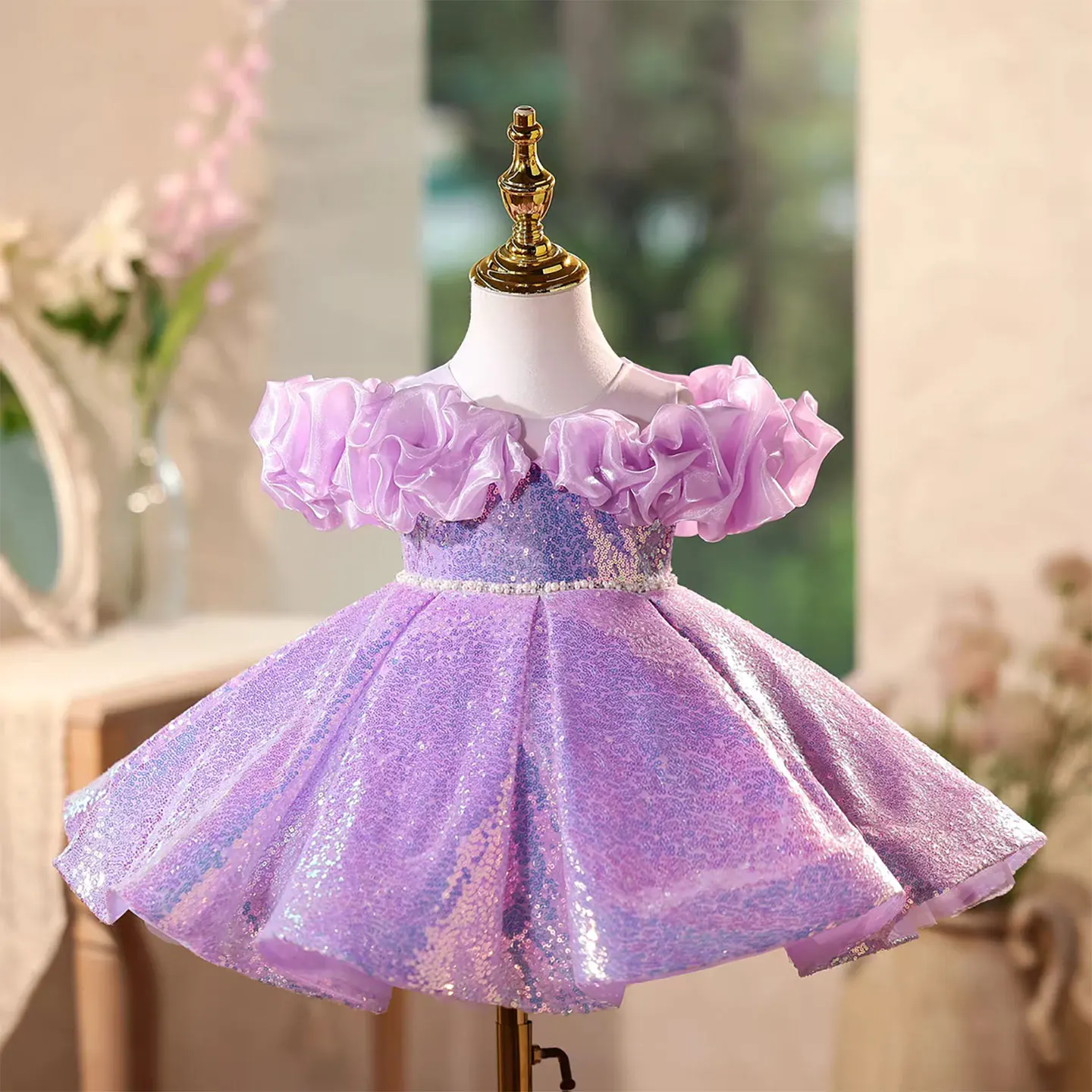 

Dreamy Vow Chic Lilac Ruffle Off Shoulder Girls Dress With Pearl Metal Sequins Wedding Birthday Holiday Party Short Dress D118