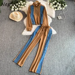 Neploe Moda Korea Stand Collar Long Sleeve Suits Hoodies Patchwork Denim Casual Straight Sweatpants New High Waist Sets Pant