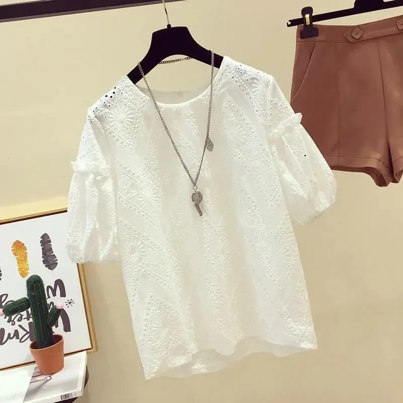 Summer Shirts Hook Flower Short Sleeve Lace Shirt White Lace Top Women Korean Fashion New Small Blouse Women White Blouse 13439