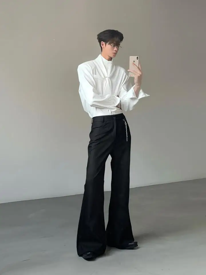 

Ace High Waist Straight Leg Men's Vintage Pants Dragging Micro Flared Casual Floor-Length Trousers Fashion Urban Style Polyester