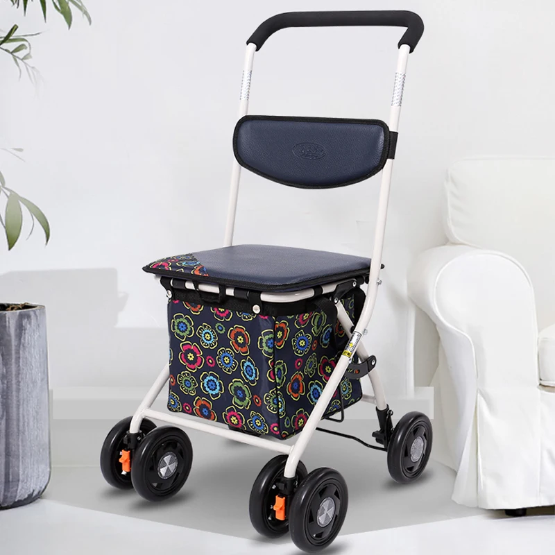 Foldable Senior Walker with Seat - Lightweight Shopping Cart, Portable Grocery Trolley, Sturdy Mobility Aid for Elderly