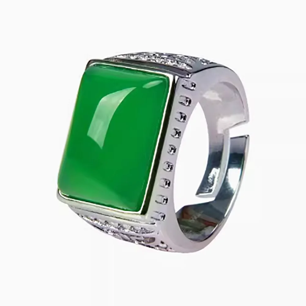 Full green chalcedony men's agate high-end, atmospheric and domineering ring with adjustable emerald inlay