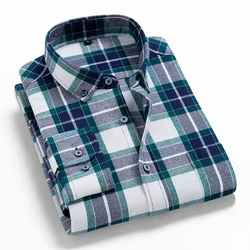 Mens Plaid Brushed Flannel Long Sleeve Shirts Single Pocket Comfortable Casual Cotton Fashion Slim Fit Button Down Shirts Clothe