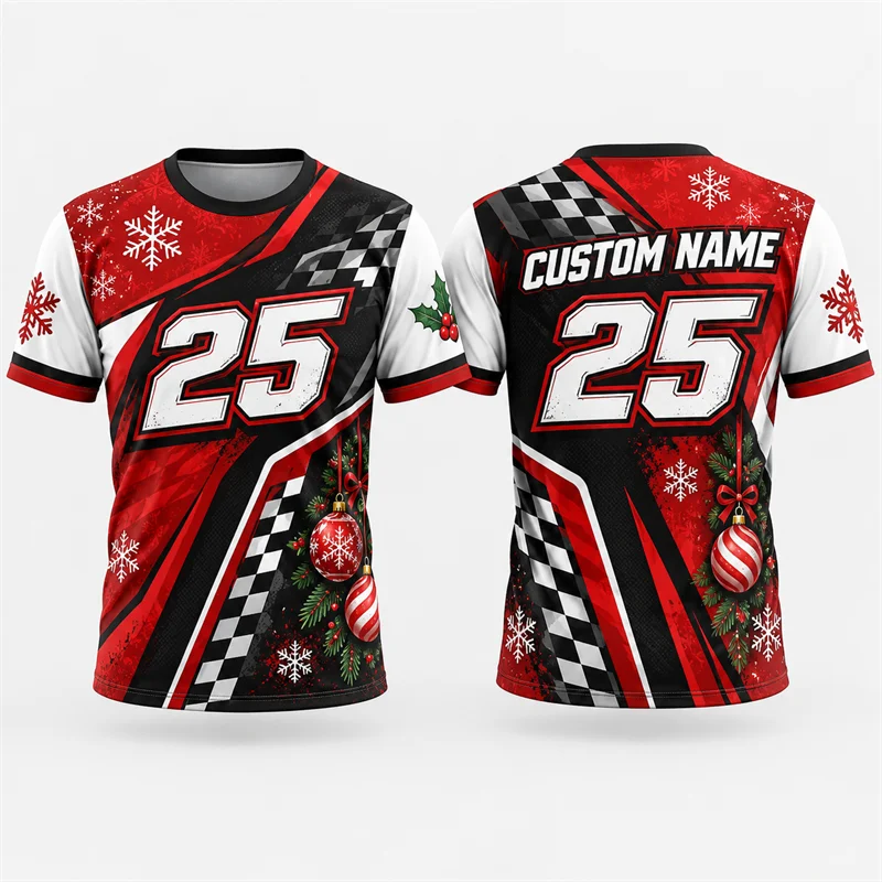 Custom Name Number Christmas Racing T Shirt Men Checkered Flag Graphic Short Sleeve Xmas Holiday Motorsport Streetwear Top Gift