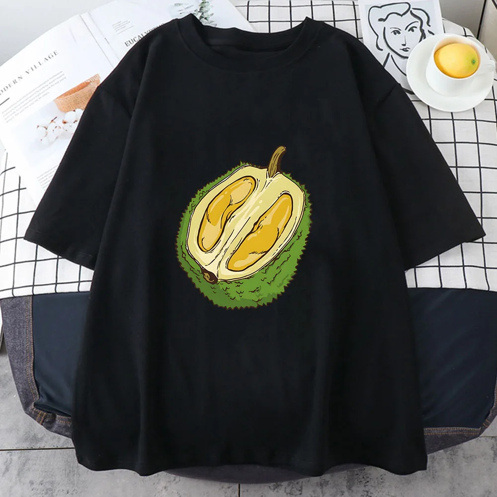 Durian T-Shirts aus 100 % reiner Baumwolle, hochwertige Hemden für Damen/Herren, kurzärmelige T-Shirts, Obst-Grafikdruck, Tops, O-Ausschnitt, lässige T-Shirts