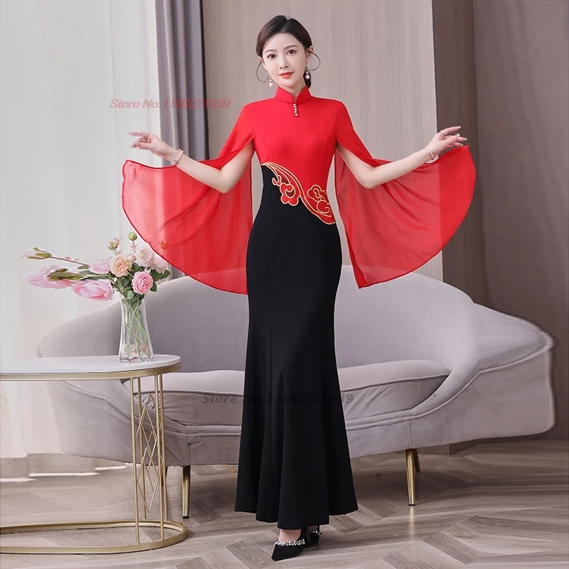 2026 chinese improved cheongsam flower embroidery patchwork qipao fishtail dress stage performance party banquet evening dress