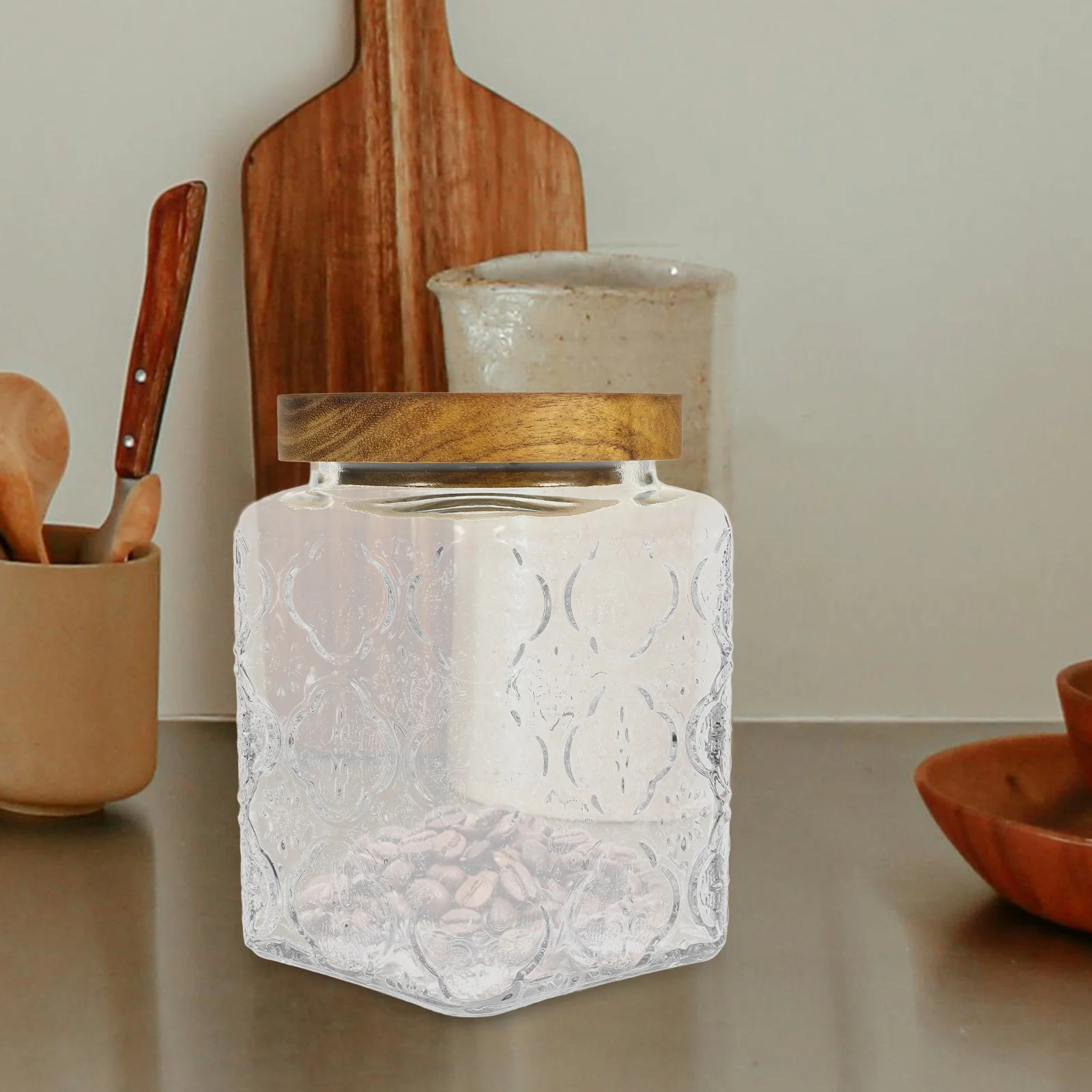 

Glass Food Storage Jar Wood Lid Airtight Sealed Canister Multipurpose Coffee Beans Tea Sugar Spice Kitchen Organizer
