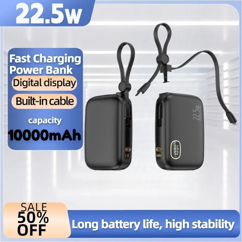 

22,5 Вт, быстрая зарядка, 10000 мАч, внешний аккумулятор, двойной встроенный кабель, портативный аккумулятор для новых IPhone 16 серий и Android