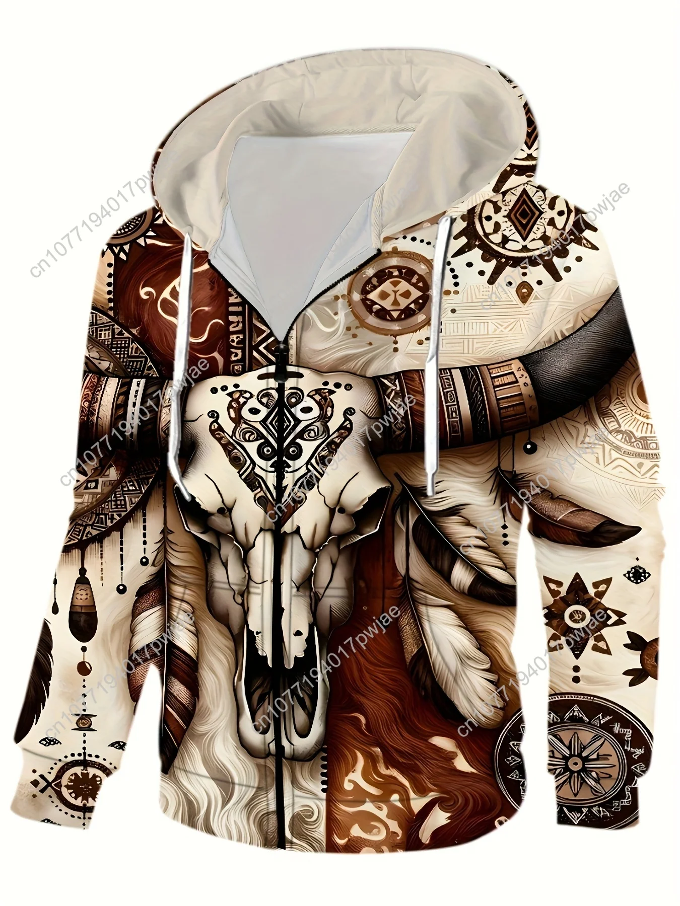 Veste à capuche à imprimé géométrique pour hommes, nouveauté, fermeture éclair décontractée en polyester avec plumes et attrape-rêves, lavable en machine, Perf