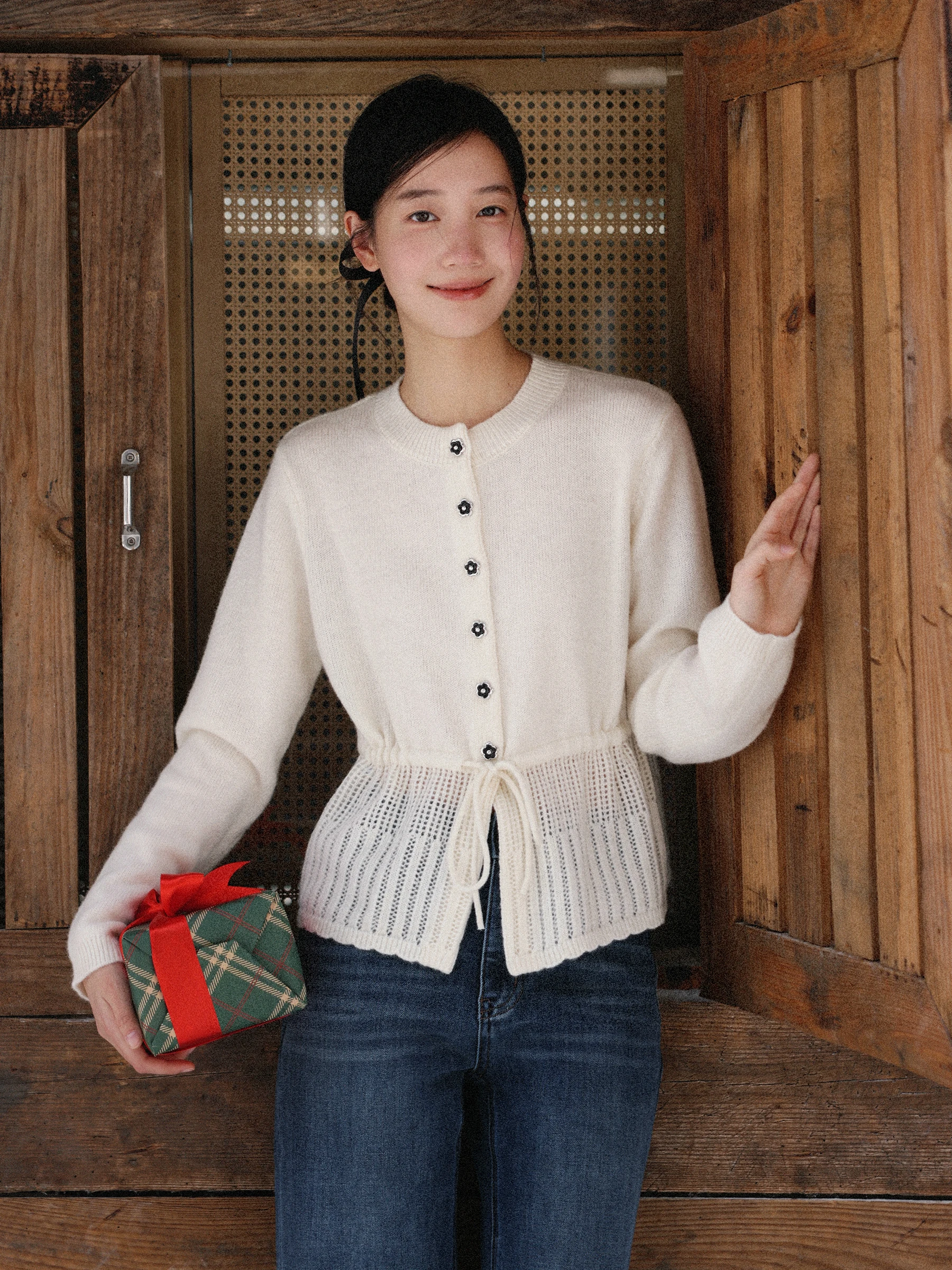 

Женский свободный вязаный шерстяной кардиган MUNNS с завязками, ажурной отделкой на талии, длинными рукавами и круглым вырезом, без застежки спереди