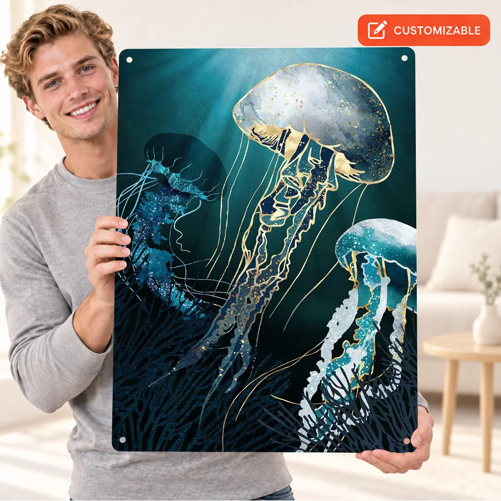 Jellyfish V Textured Metal Poster Personalized Aluminum Sign Coastal Gold Linework Wall Art For Dining Room Housewarming Gift