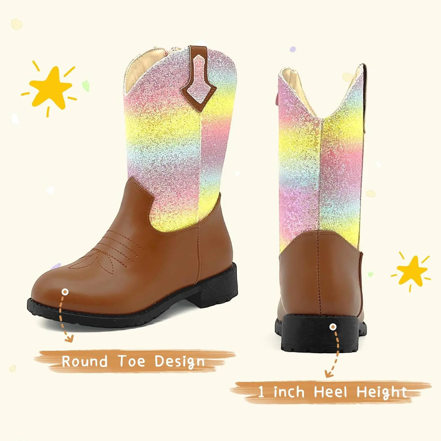 Botas de cowgirl para meninas com glitter, botas de cowboy brilhantes para crianças pequenas, botas de cano médio, sapatos de equitação ocidental para meninas e meninos