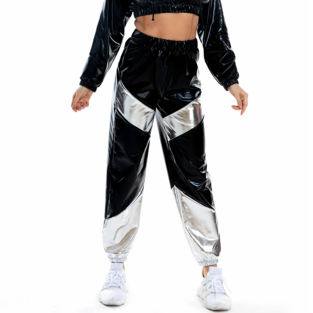 Women Reflective Long Pants with Pockets High Waist Loose Holographic Patchwork Trousers Club Dance Jogger Pants Clubwear