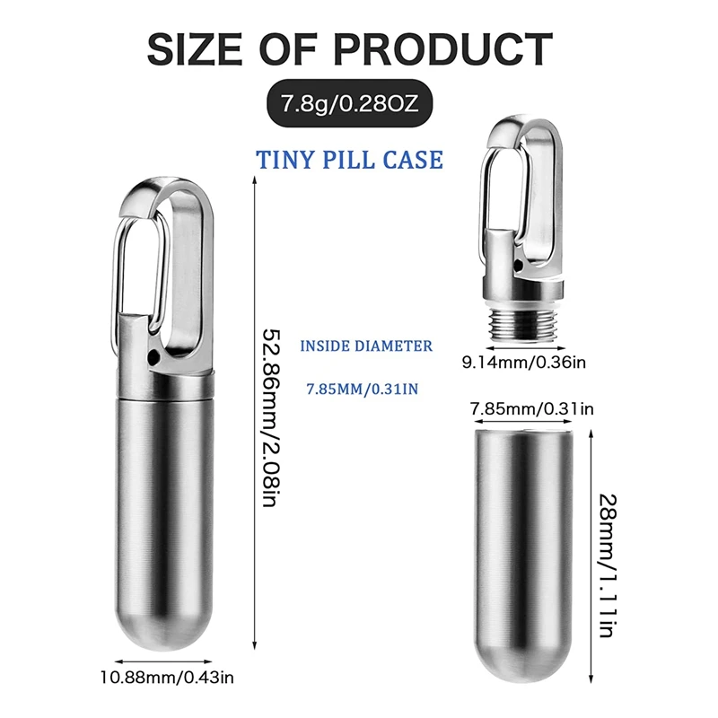 Chaveiro de caixa de comprimidos de bolso pequeno, caso de comprimidos portátil à prova d'água de aço inoxidável recipiente de comprimidos de viagem chaveiro suporte de comprimidos