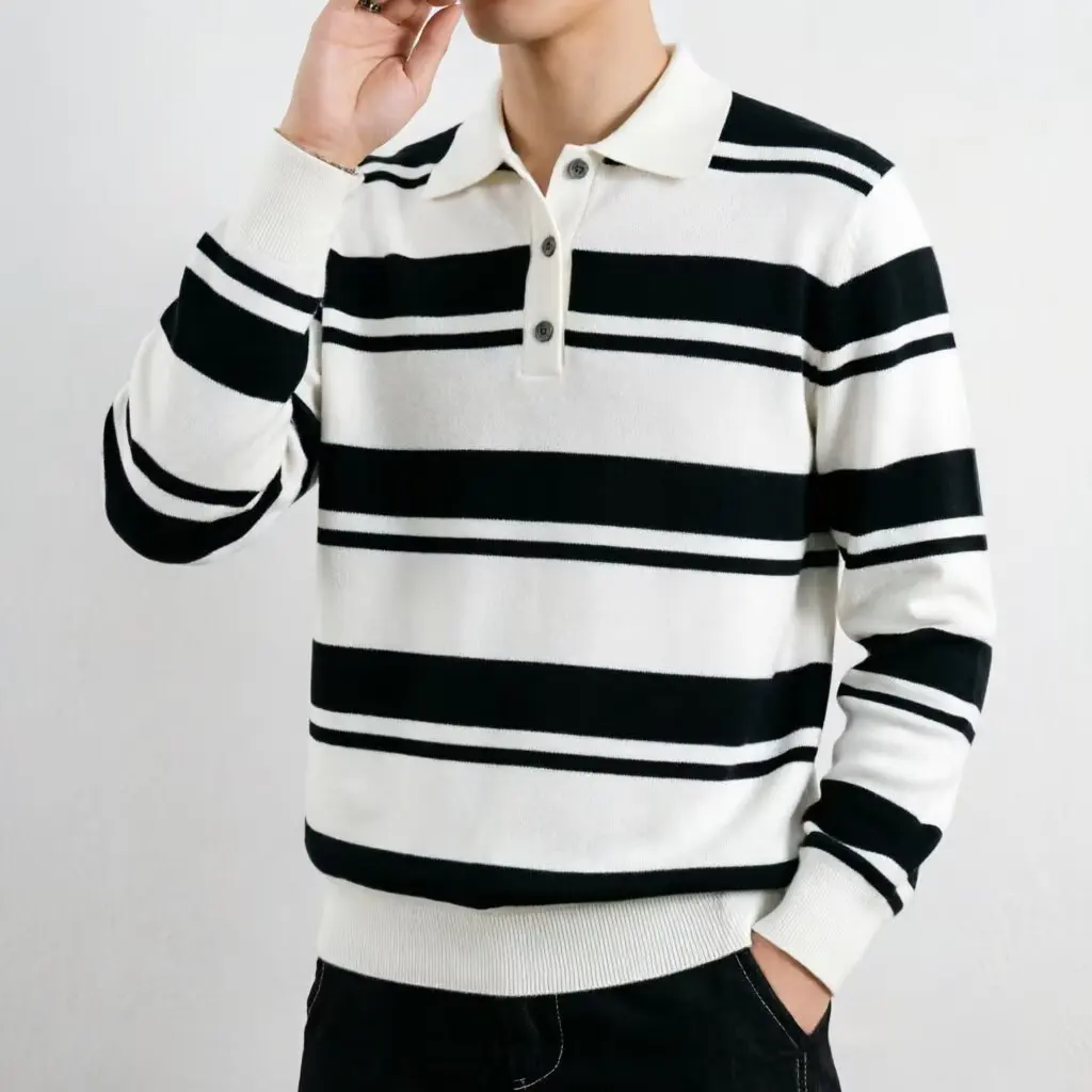 Men's Casual Stripe Sweatshirt Long Sleeve  Collar Top Loose Fit Polyester Fabric Breathable Wear Resistant Autumn New Style