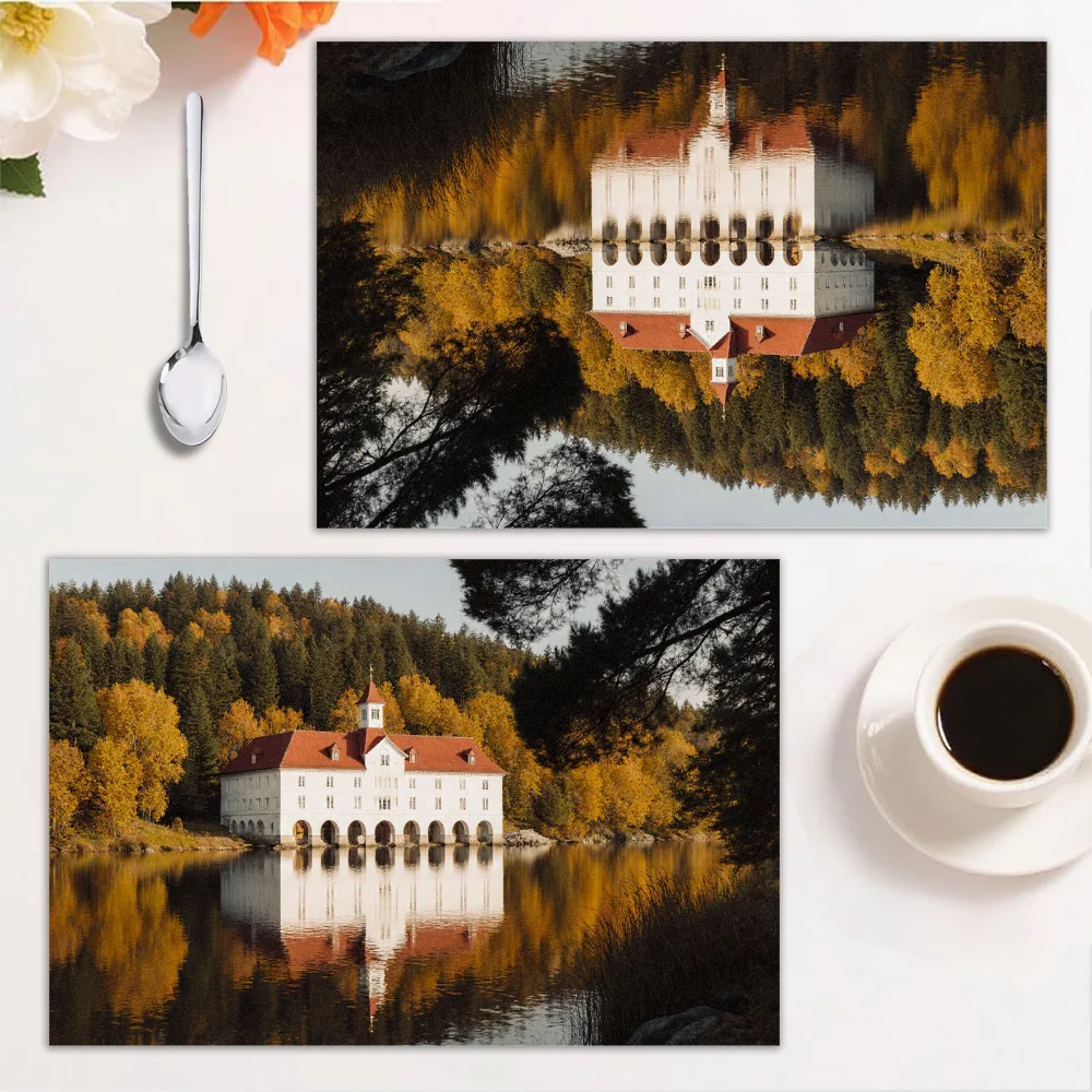 Juego de manteles individuales de 4 piezas, diseño de paisajes otoñales, fácil de limpiar, decoración rectangular para el hogar, perfecto para comedor y vacaciones.