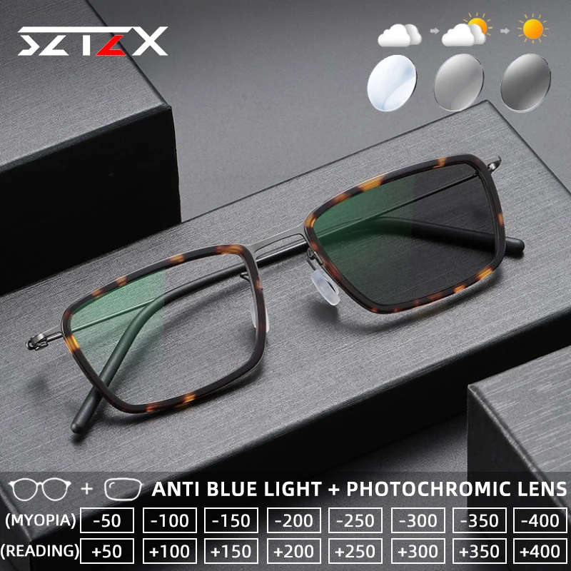 

SZTZX Ultralight Titanium Photochromic Reading Glasses Anti Blue Light Screwless Myopia Glasses Progressive Prescription Eyewear