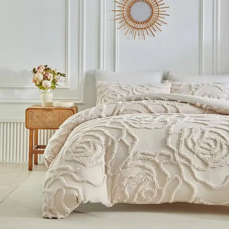 Getuftete Rose Bettbezug-Set, 2/3-teilig, Polyester, Khaki, Weiß, Bettbezug + Kissenbezug, US-EU, Einzel-King-Hochzeitsbettwäsche, 220 x 240 cm